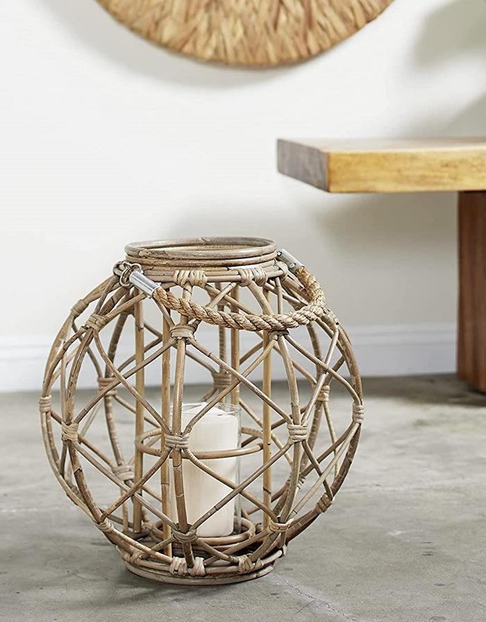 ebros gift 15"H Rustic Farmhouse Brown Woven Rattan Candle Lantern with Jute Rope Handle