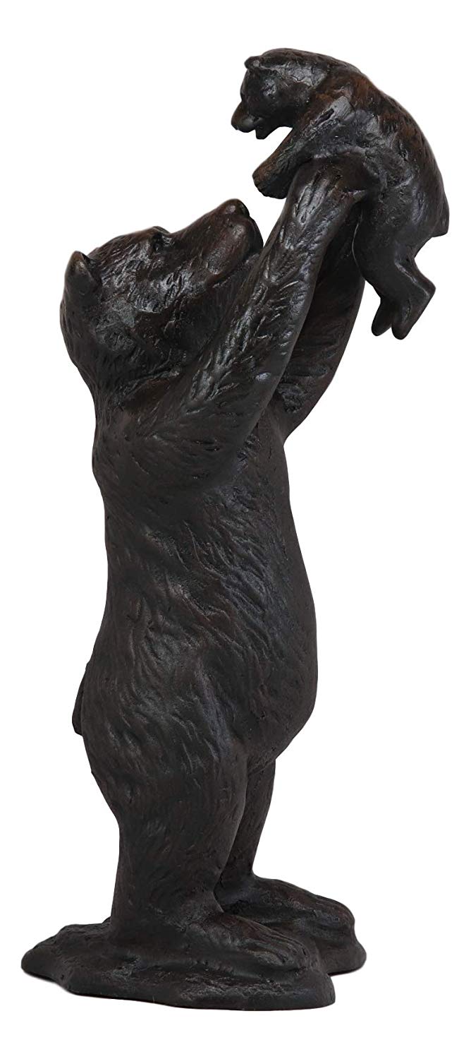 Ebros Gift 16"H Aluminum Whimsical Rustic Forest Black Momma Bear Lifting Her Cub Statue
