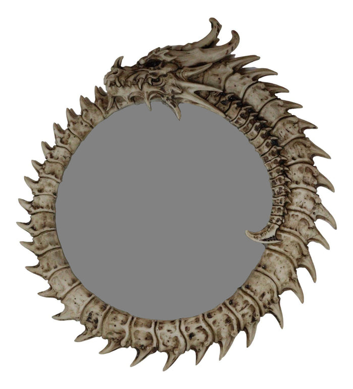 Ebros Gift 16"H Gothic Spiked Skeleton Skeletal Bone Dragon Round Wall Mirror Plaque Decor