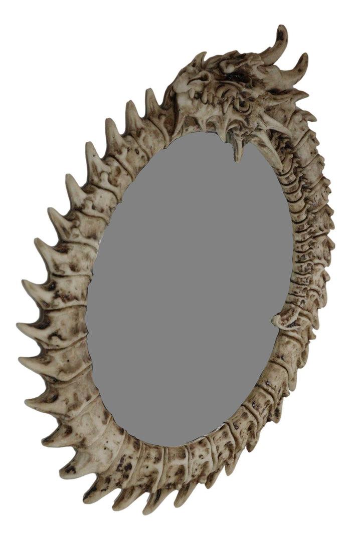 Ebros Gift 16"H Gothic Spiked Skeleton Skeletal Bone Dragon Round Wall Mirror Plaque Decor
