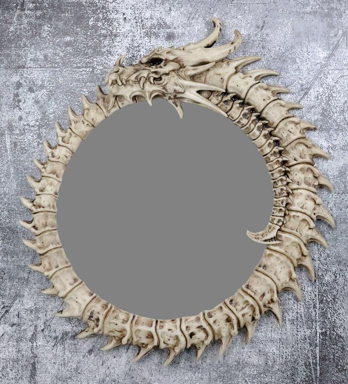 ebros gift 16"H Gothic Spiked Skeleton Skeletal Bone Dragon Round Wall Mirror Plaque Decor