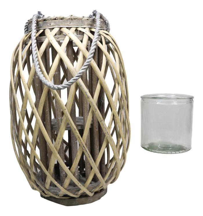 Ebros Gift 16"H Rustic Western Farmhouse Rattan Wood Willow Candle Lantern Candleholder