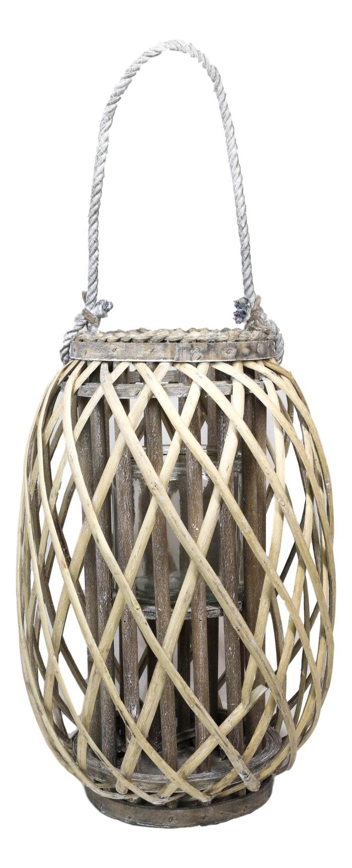Ebros Gift 16"H Rustic Western Farmhouse Rattan Wood Willow Candle Lantern Candleholder