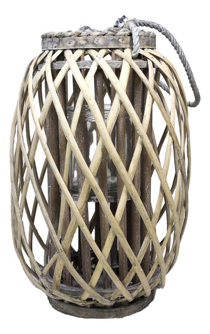 Ebros Gift 16"H Rustic Western Farmhouse Rattan Wood Willow Candle Lantern Candleholder