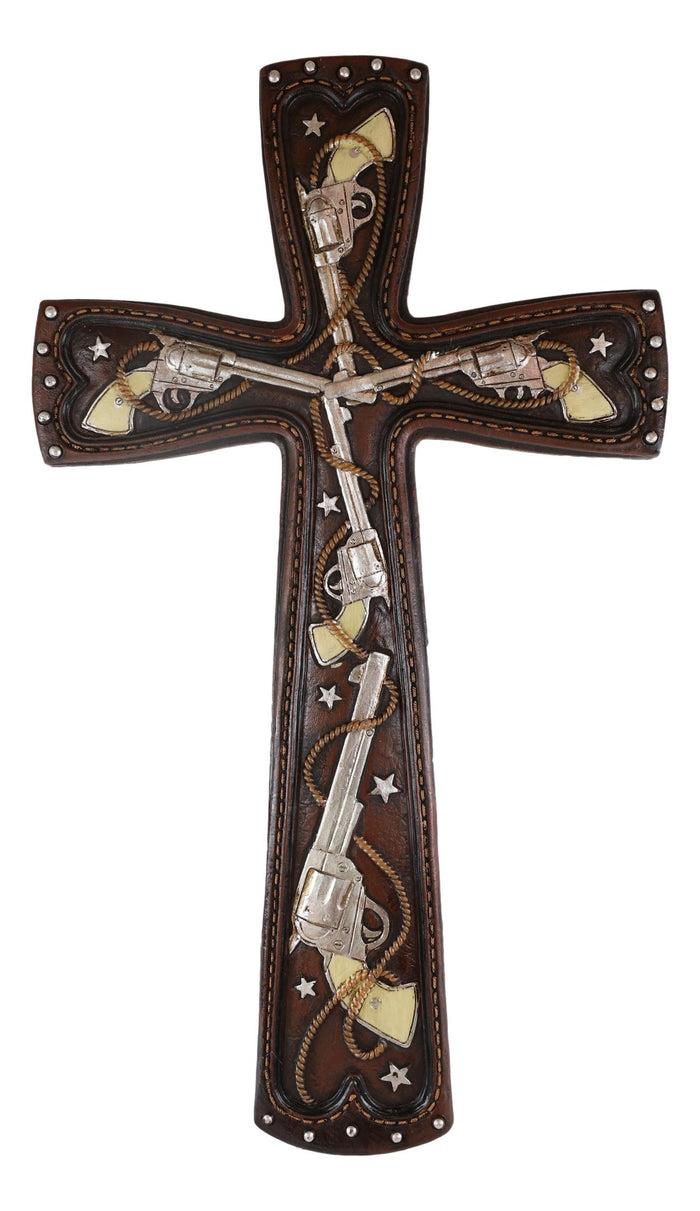 Ebros Gift 16"H Rustic Western Six Shooter Pistols And Ropes Faux Leather Wall Cross Decor