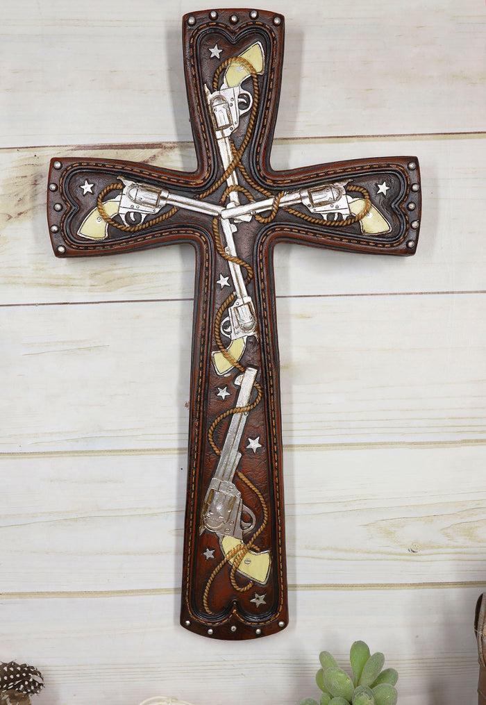 ebros gift 16"H Rustic Western Six Shooter Pistols And Ropes Faux Leather Wall Cross Decor