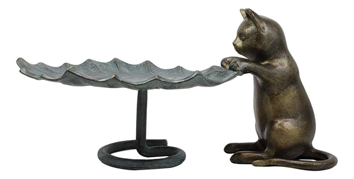 Ebros Gift 17"L Aluminum Rustic Whimsical Curious Kitten Cat With Leaf Bird Feeder Statue
