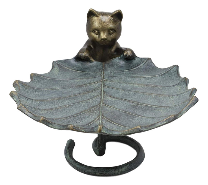 Ebros Gift 17"L Aluminum Rustic Whimsical Curious Kitten Cat With Leaf Bird Feeder Statue
