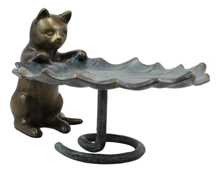 Ebros Gift 17"L Aluminum Rustic Whimsical Curious Kitten Cat With Leaf Bird Feeder Statue