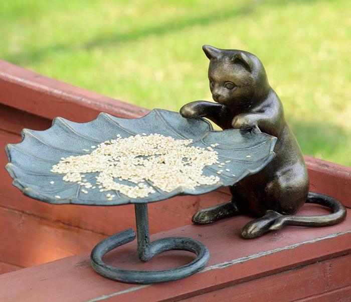 ebros gift 17"L Aluminum Rustic Whimsical Curious Kitten Cat With Leaf Bird Feeder Statue