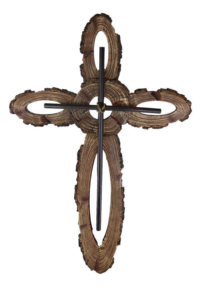Ebros Gift 18"H Rustic Country Western Faux Wood Trunk Slices Wall Cross With Metal Inlay