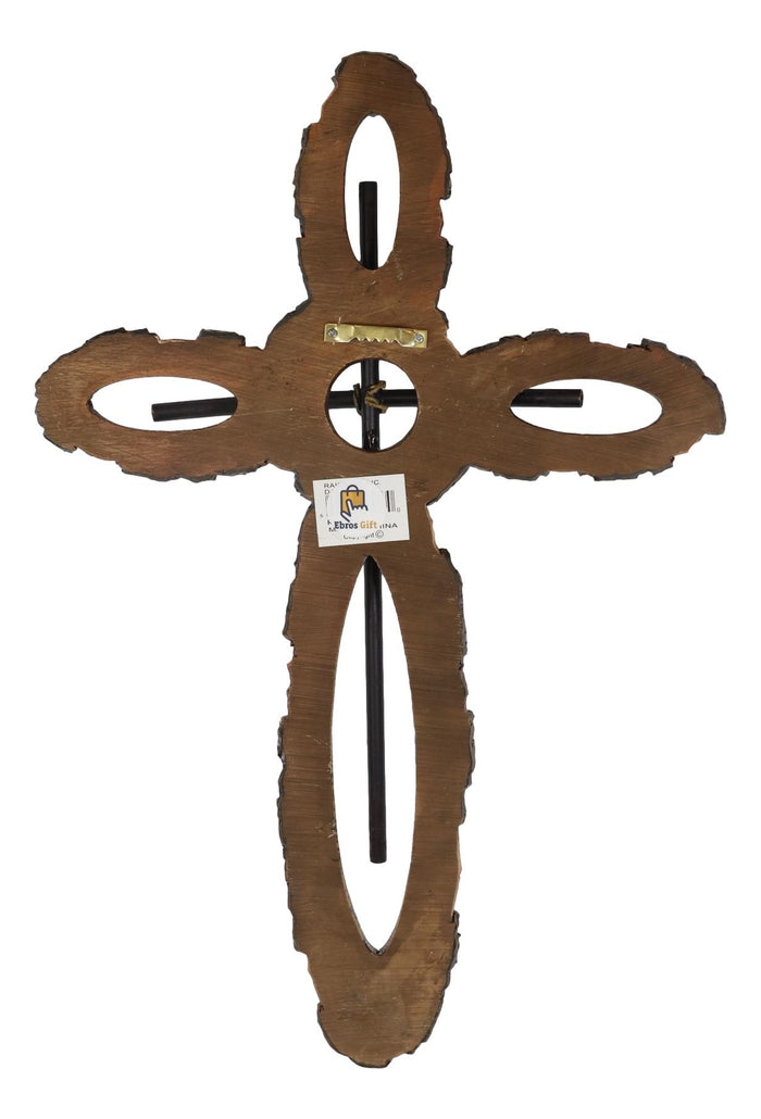 Ebros Gift 18"H Rustic Country Western Faux Wood Trunk Slices Wall Cross With Metal Inlay