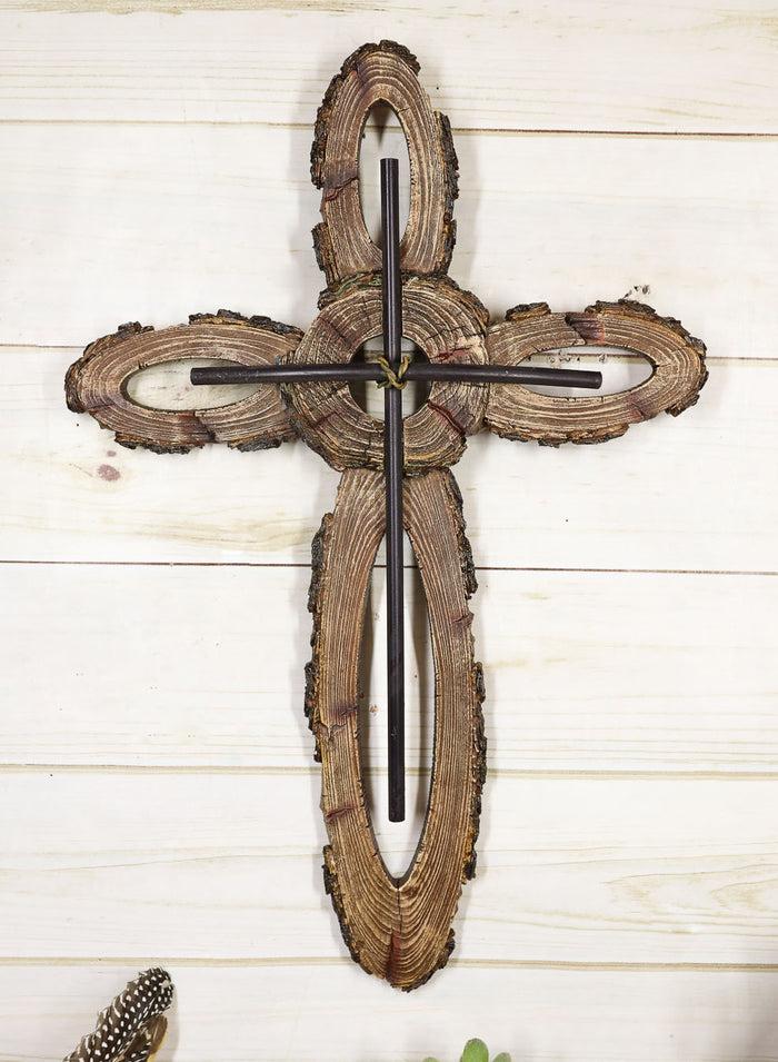 ebros gift 18"H Rustic Country Western Faux Wood Trunk Slices Wall Cross With Metal Inlay