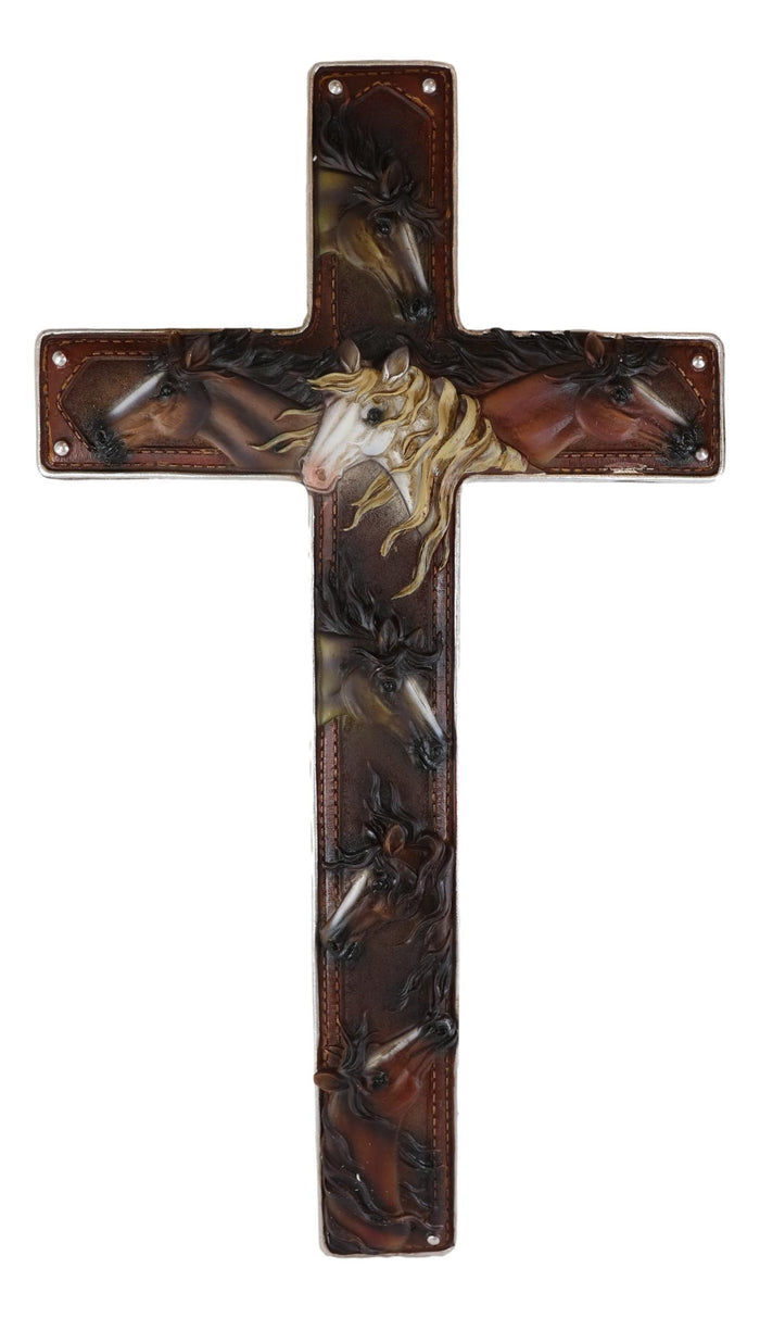 Ebros Gift 18"H Rustic Western Colorful Horses Faux Tooled Leather Wall Cross Decor Plaque