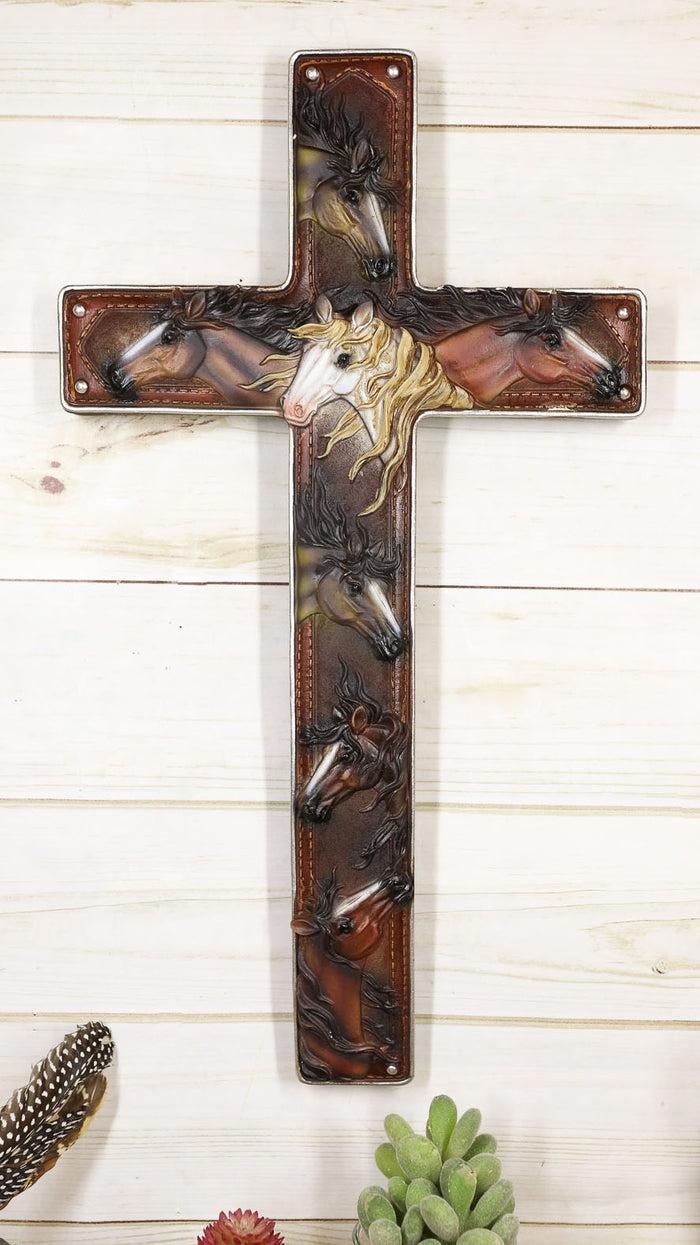 ebros gift 18"H Rustic Western Colorful Horses Faux Tooled Leather Wall Cross Decor Plaque