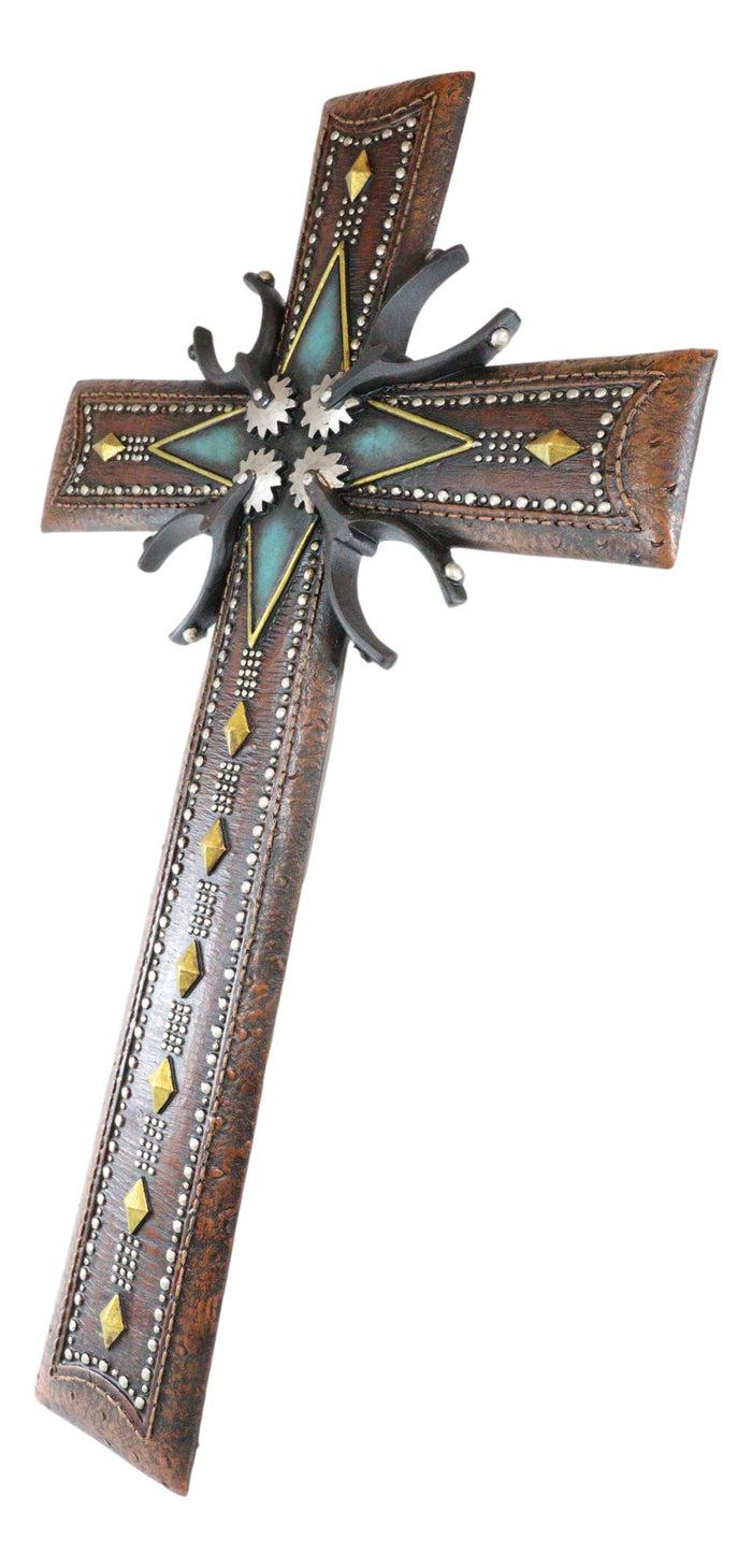 Ebros Gift 18"H Rustic Western Cowboy Tooled Leather Stars Diamonds Spurs Wall Cross Decor