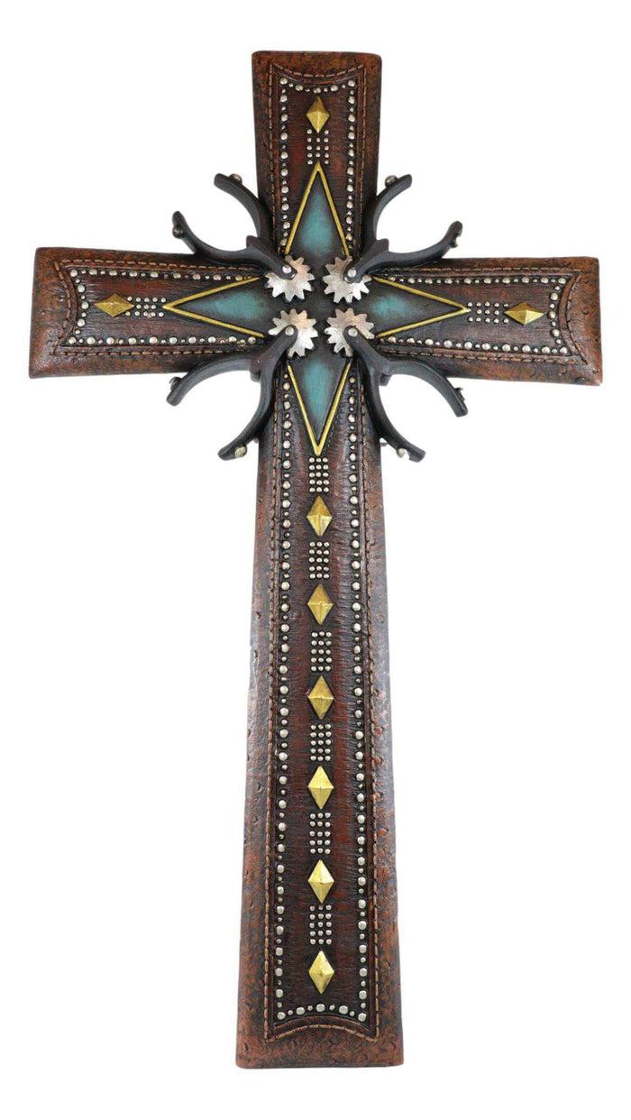 Ebros Gift 18"H Rustic Western Cowboy Tooled Leather Stars Diamonds Spurs Wall Cross Decor