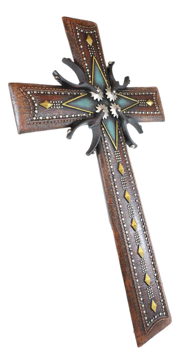Ebros Gift 18"H Rustic Western Cowboy Tooled Leather Stars Diamonds Spurs Wall Cross Decor