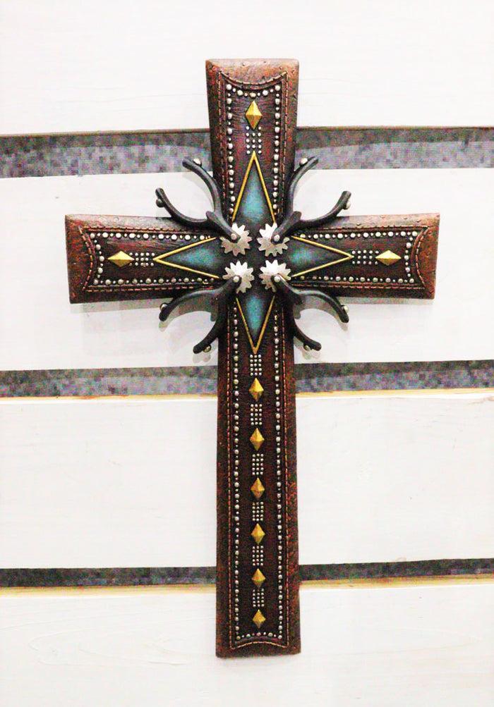 ebros gift 18"H Rustic Western Cowboy Tooled Leather Stars Diamonds Spurs Wall Cross Decor