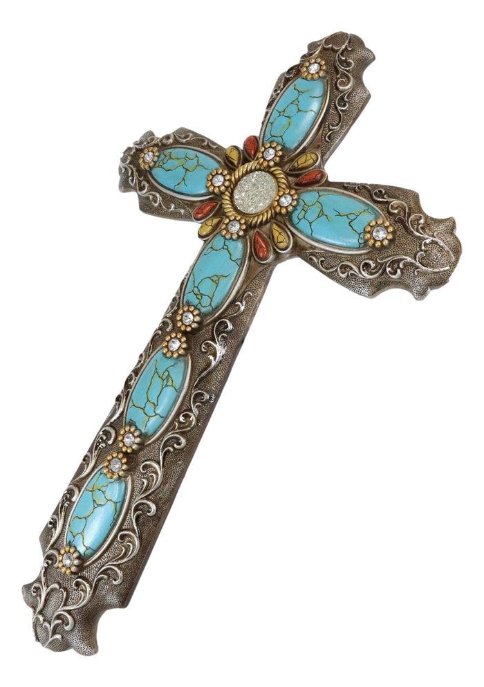 Ebros Gift 18"H Rustic Western Scroll Lace Wall Cross With Crystals & Turquoise Gemstones