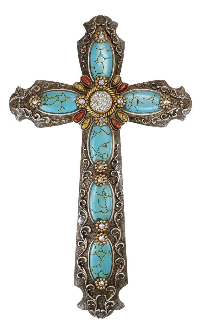 Ebros Gift 18"H Rustic Western Scroll Lace Wall Cross With Crystals & Turquoise Gemstones