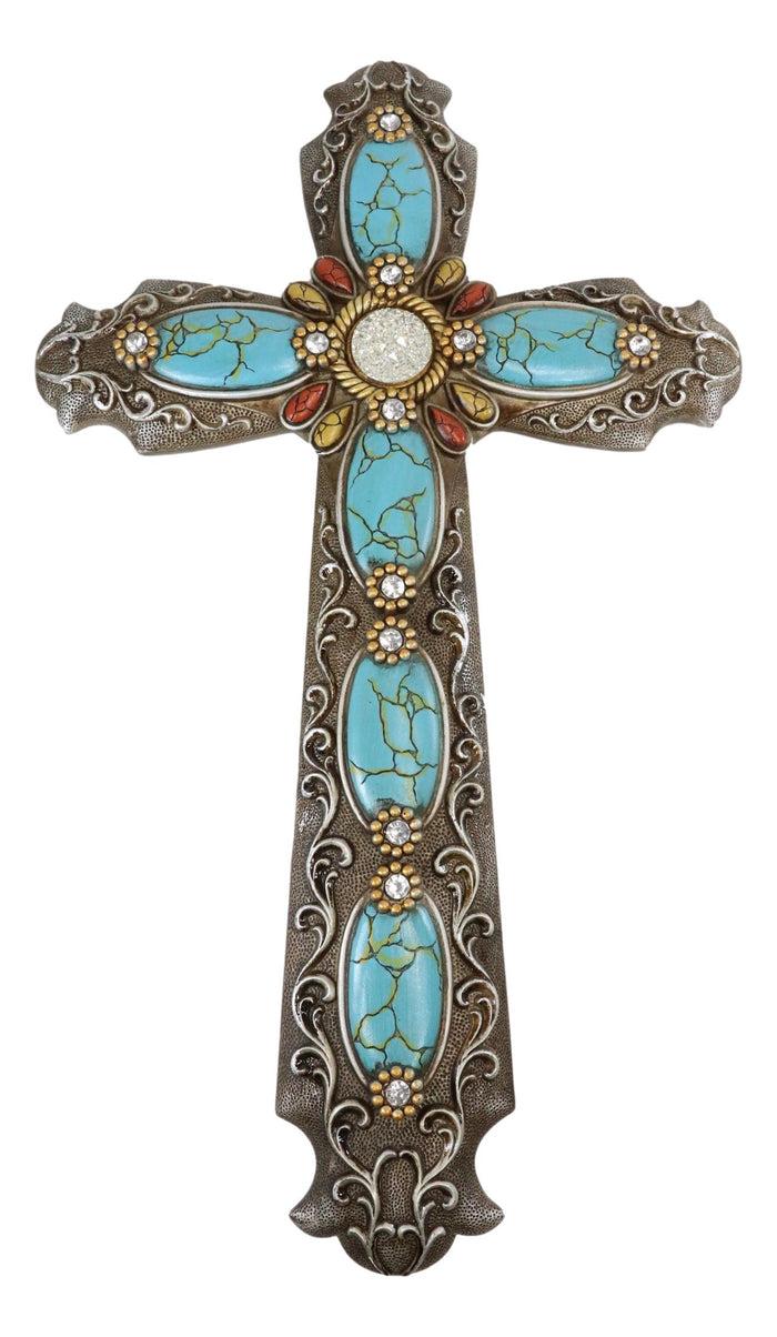 Ebros Gift 18"H Rustic Western Scroll Lace Wall Cross With Crystals & Turquoise Gemstones