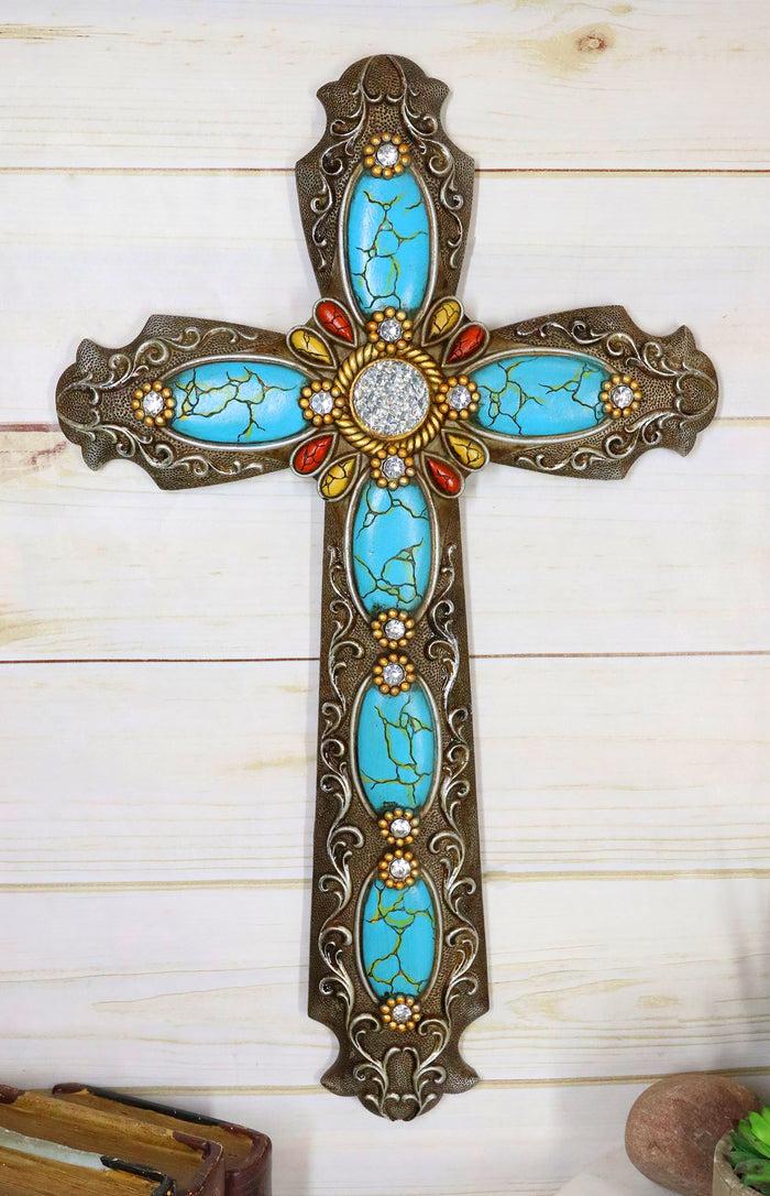 ebros gift 18"H Rustic Western Scroll Lace Wall Cross With Crystals & Turquoise Gemstones