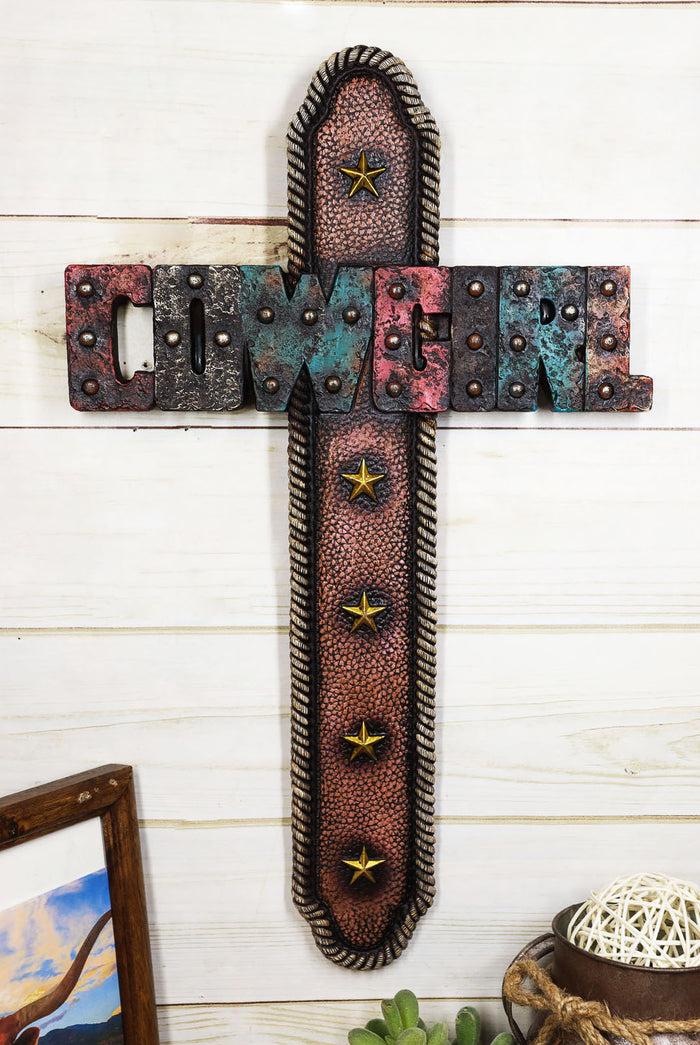 ebros gift 18" H Rustic Western Stars Cowgirl Word Art Braided Ropes Wall Cross Decor