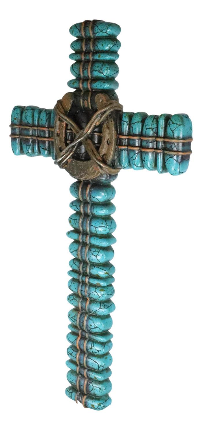 Ebros Gift 18"H Rustic Western Turquoise Pebbles Horseshoe Barbed Wires Wall Cross Plaque