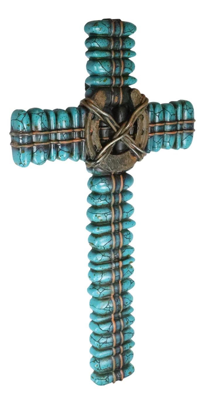 Ebros Gift 18"H Rustic Western Turquoise Pebbles Horseshoe Barbed Wires Wall Cross Plaque