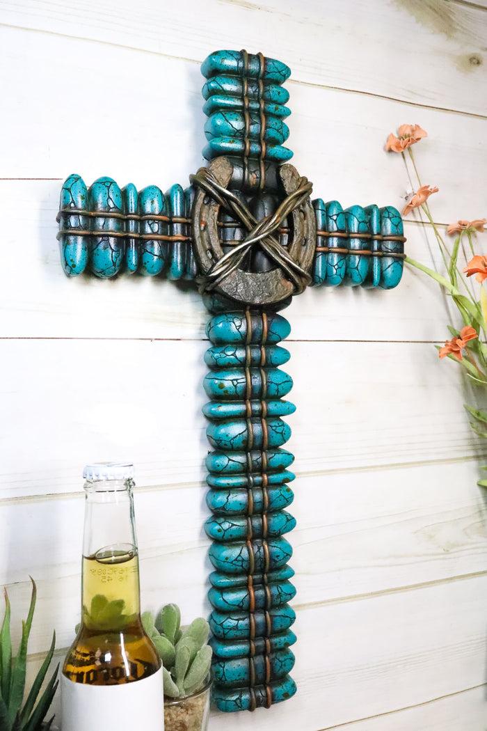 Ebros Gift 18"H Rustic Western Turquoise Pebbles Horseshoe Barbed Wires Wall Cross Plaque
