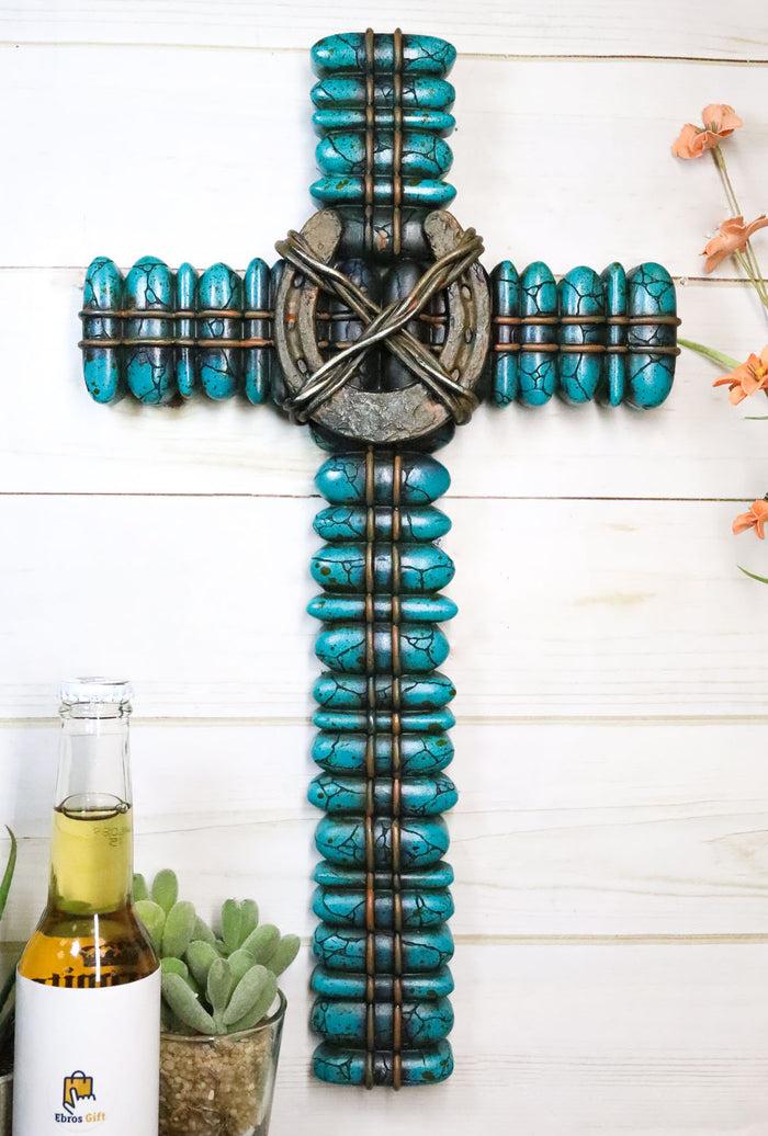 ebros gift 18"H Rustic Western Turquoise Pebbles Horseshoe Barbed Wires Wall Cross Plaque