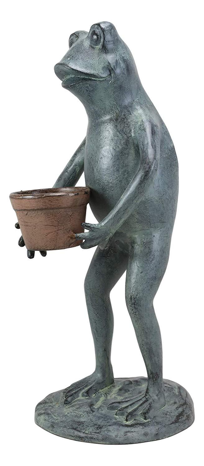 Ebros Gift 19"H Aluminum Green Thumb Whimsical Gardening Frog Carrying A Planter Pot Statue