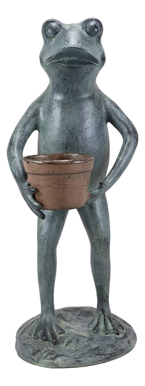 Ebros Gift 19"H Aluminum Green Thumb Whimsical Gardening Frog Carrying A Planter Pot Statue