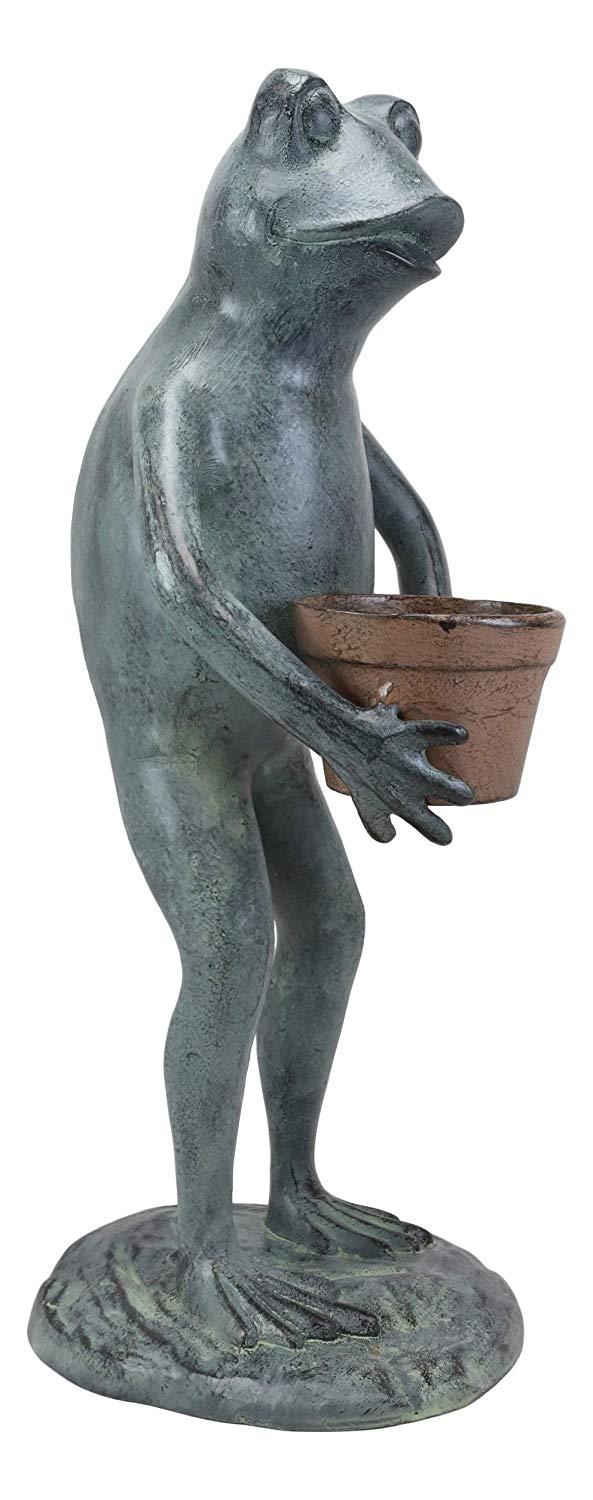Ebros Gift 19"H Aluminum Green Thumb Whimsical Gardening Frog Carrying A Planter Pot Statue