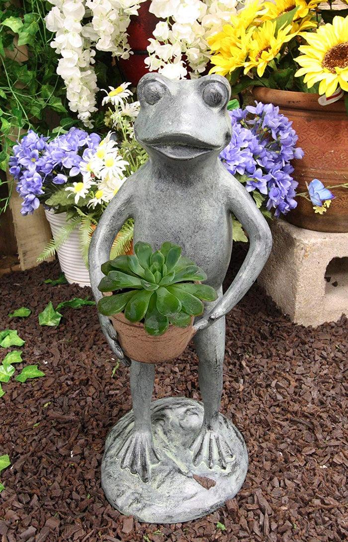 ebros gift 19"H Aluminum Green Thumb Whimsical Gardening Frog Carrying A Planter Pot Statue