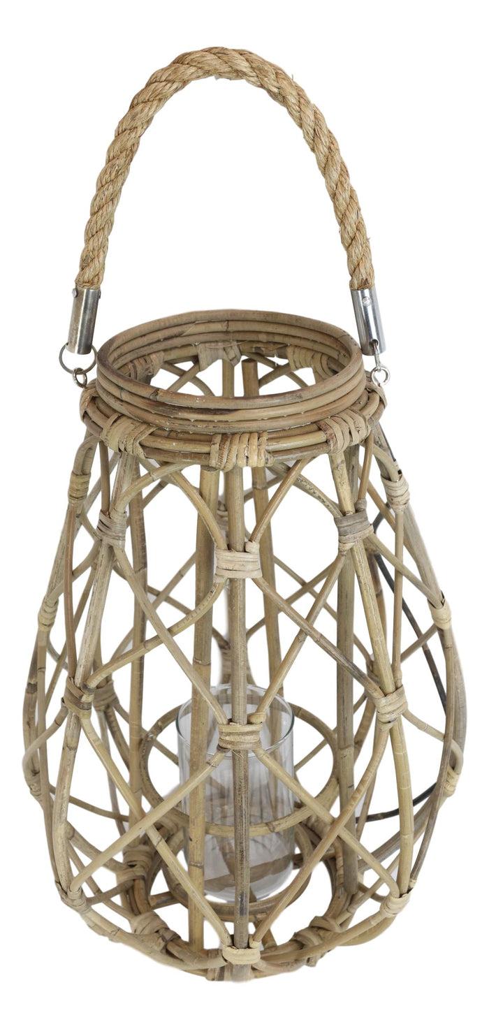 Ebros Gift 19"H Rustic Farmhouse Teardrop Woven Rattan Candle Lantern With Jute Rope Handle