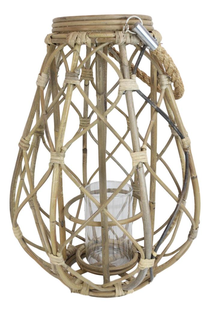 Ebros Gift 19"H Rustic Farmhouse Teardrop Woven Rattan Candle Lantern With Jute Rope Handle