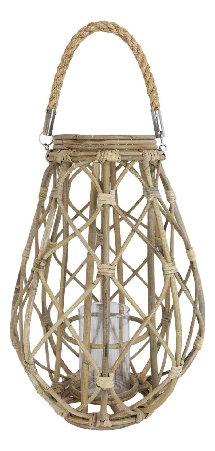 Ebros Gift 19"H Rustic Farmhouse Teardrop Woven Rattan Candle Lantern With Jute Rope Handle
