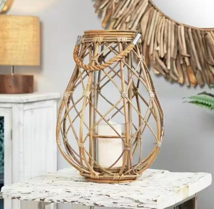 ebros gift 19"H Rustic Farmhouse Teardrop Woven Rattan Candle Lantern With Jute Rope Handle