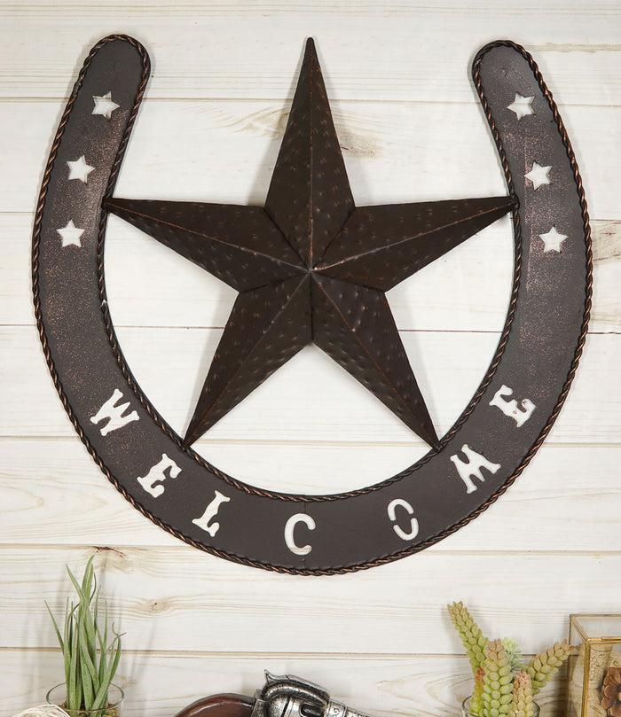 ebros gift 19"H Rustic Western Lucky Horseshoe and Lone Star Welcome Sign Wall Sign Plaque