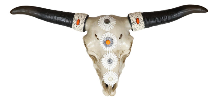 Ebros Gift 19"L Large Country Western Steer Cow Skull With White Flowers Tribal Wall Decor
