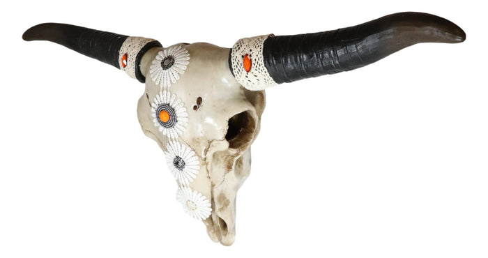 Ebros Gift 19"L Large Country Western Steer Cow Skull With White Flowers Tribal Wall Decor
