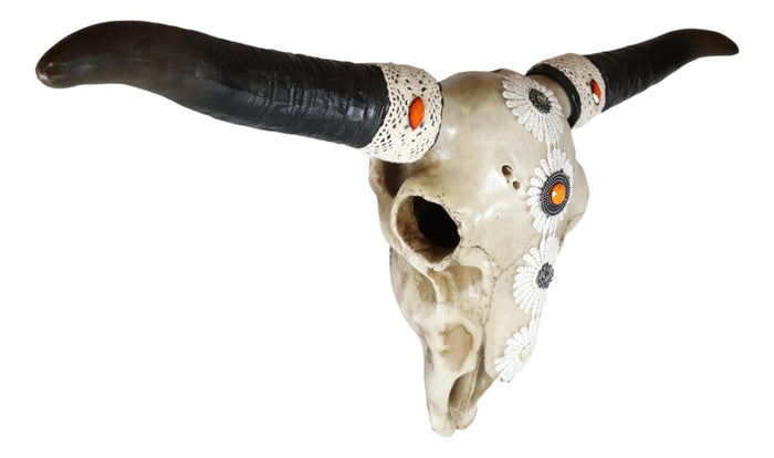 Ebros Gift 19"L Large Country Western Steer Cow Skull With White Flowers Tribal Wall Decor