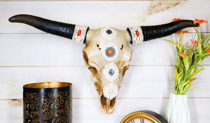 ebros gift 19"L Large Country Western Steer Cow Skull With White Flowers Tribal Wall Decor