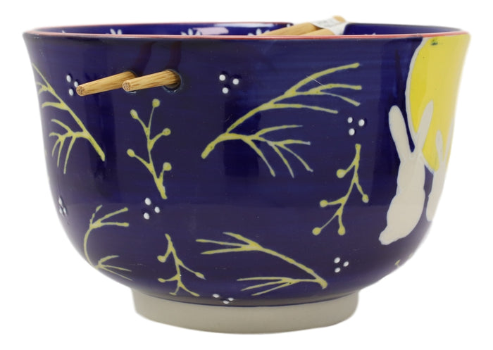 Ebros Gift 2 Bunny Rabbits And Full Moon Ramen Noodles Soup Large 6"D Bowl With Chopsticks