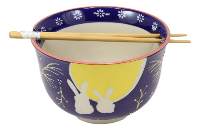 Ebros Gift 2 Bunny Rabbits And Full Moon Ramen Noodles Soup Large 6"D Bowl With Chopsticks