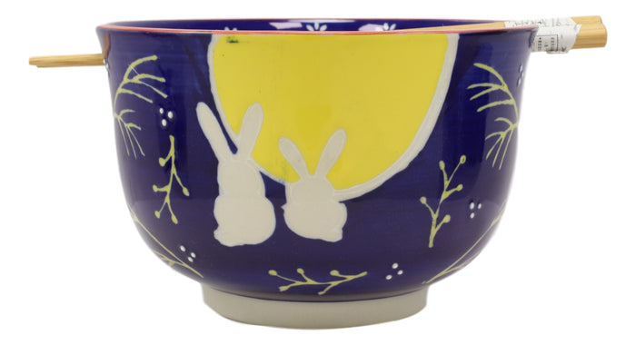 Ebros Gift 2 Bunny Rabbits And Full Moon Ramen Noodles Soup Large 6"D Bowl With Chopsticks