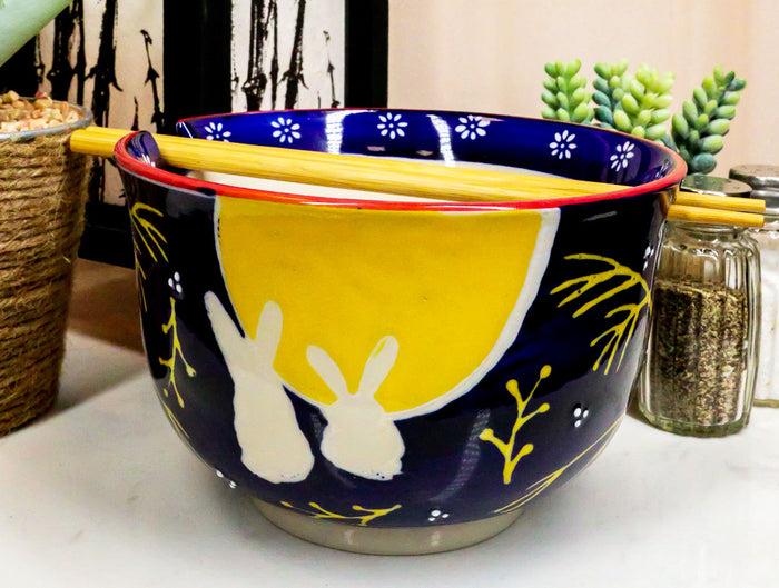 ebros gift 2 Bunny Rabbits And Full Moon Ramen Noodles Soup Large 6"D Bowl With Chopsticks