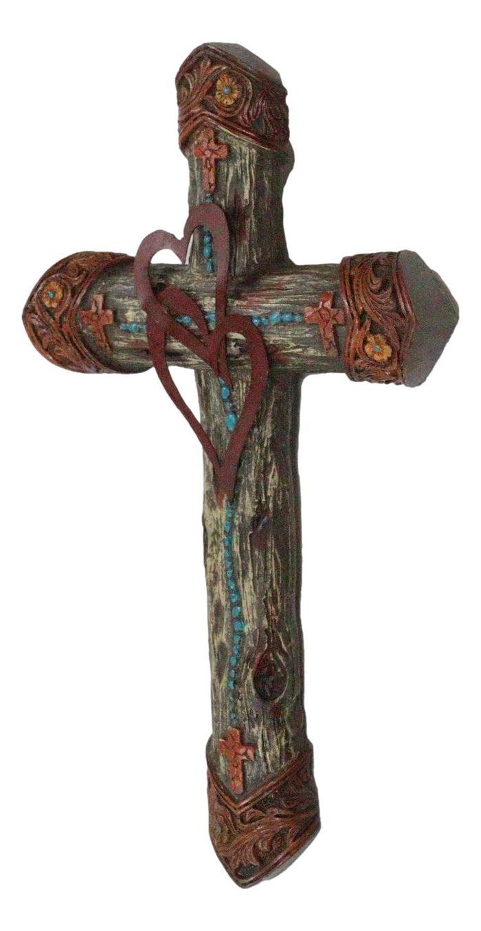 Ebros Gift 2 Intertwined Hearts Valentine Floral Scrollwork Turquoise Beads Wall Cross
